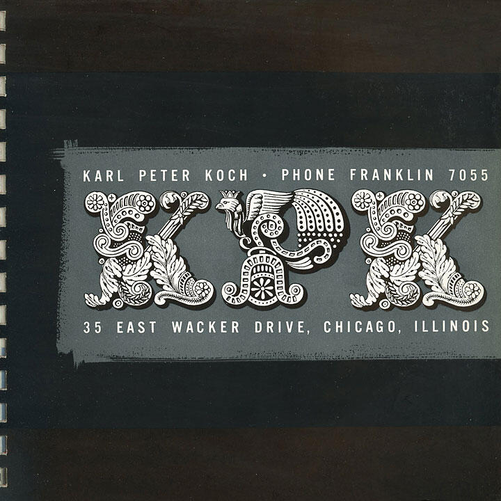 Decorative graphic with ornate, symmetrical designs resembling floral patterns and an eagle, on a gray background with white text including a name, phone number, and address in Chicago, Illinois.