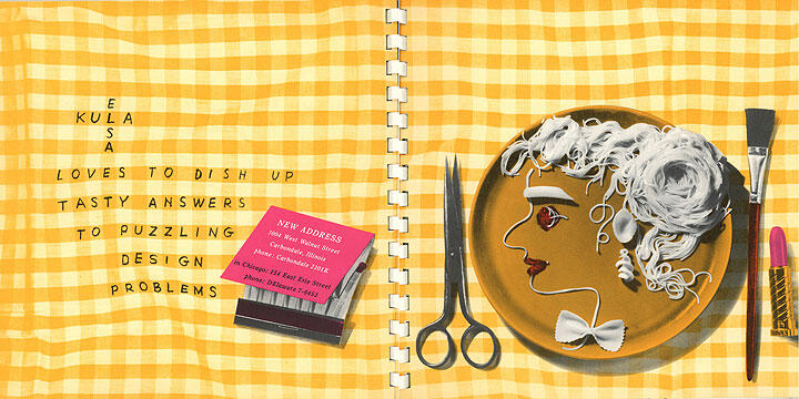 A yellow gingham background with a plate featuring a face made of food and kitchen tools around it. A small pink card sits on the left, and a pair of scissors, fork, and paintbrush on the right.
