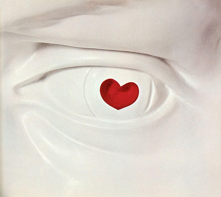 An abstract image of a white eye with a red heart in place of the pupil.