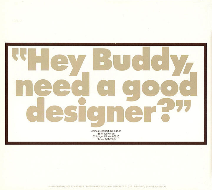 "Hey Buddy, need a good designer?" in large beige text within a bordered box. Contact details for James Lienhart, Designer, are listed below.