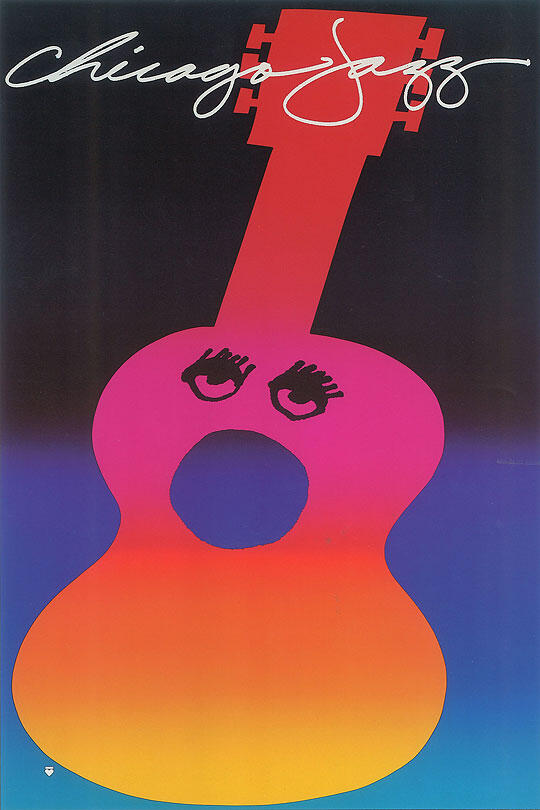 A colorful jazz poster with a stylized guitar shape. The guitar is pink, orange, and blue with eyes and an open mouth forming a face.