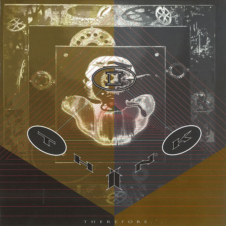 Abstract graphic with a symmetrical design, gears, and a central spherical element. The background is a blend of gold and black tones with red lines creating geometric shapes. Text elements are interspersed throughout.