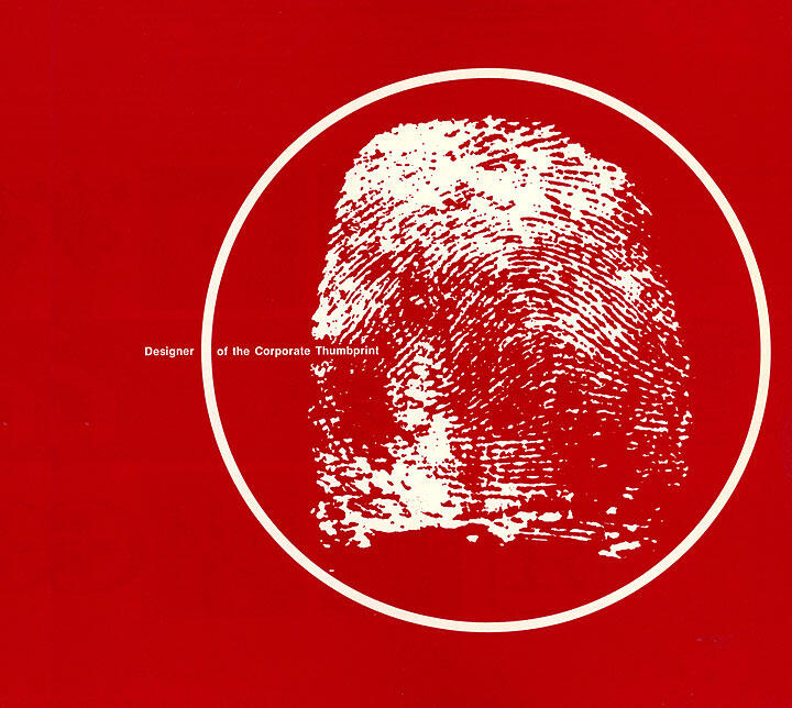 Red graphic featuring a large white fingerprint within a circle, with text reading "Designer of the Corporate Thumbprint" intersecting the fingerprint.