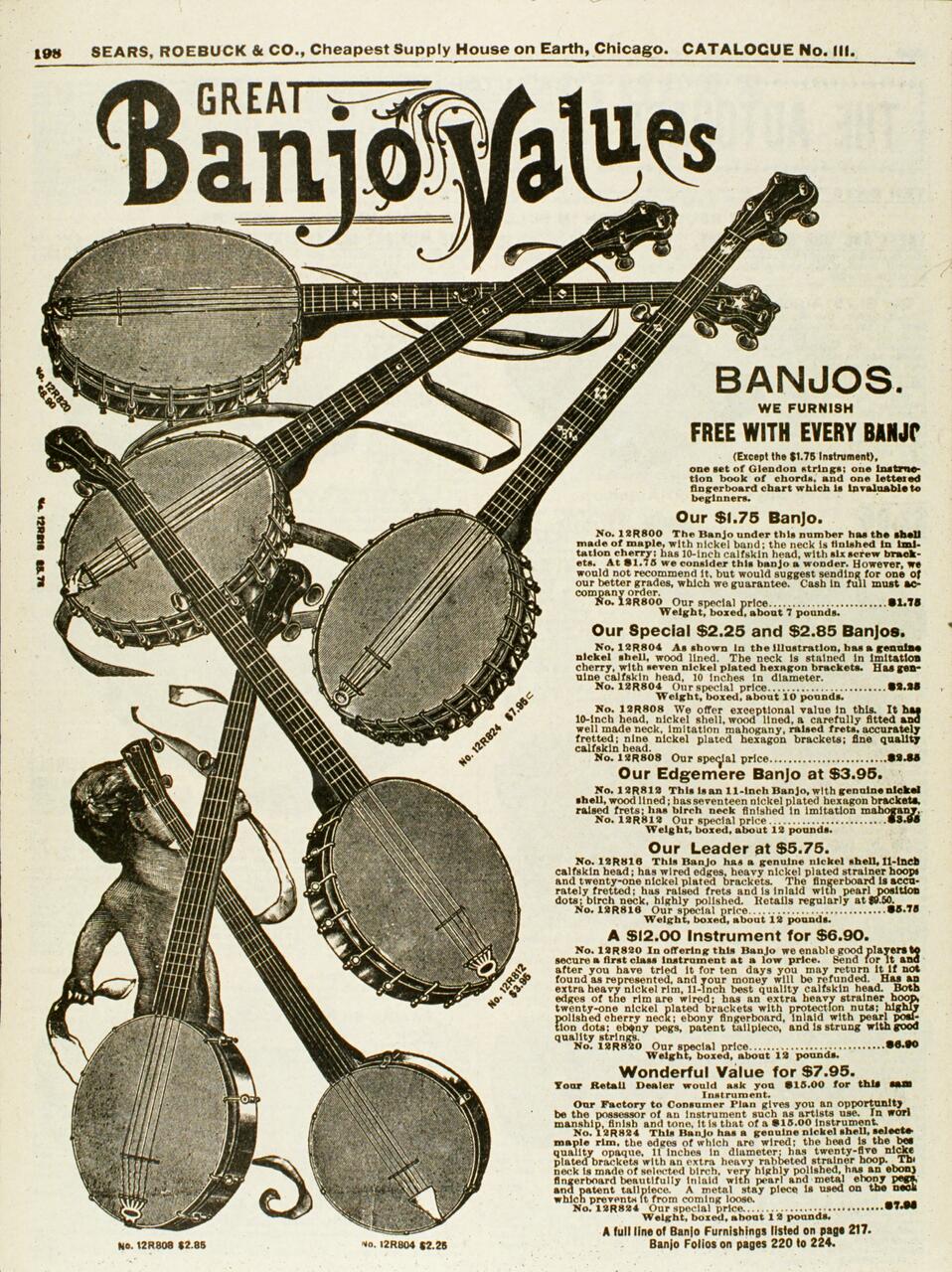 Vintage advertisement featuring multiple banjos overlapping, with text offering "Great Banjo Values." The instruments are displayed at various angles, showcasing their construction. Text details banjo prices and promotional offers by Sears, Roebuck & Co.