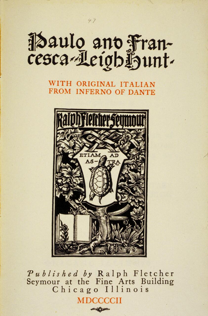Cover of "Paulo and Francesca" by Leigh Hunt with original Italian from Dante's Inferno. Features ornate text and an illustration of a turtle on a shield amid foliage. Published by Ralph Fletcher Seymour, Chicago, 1902.