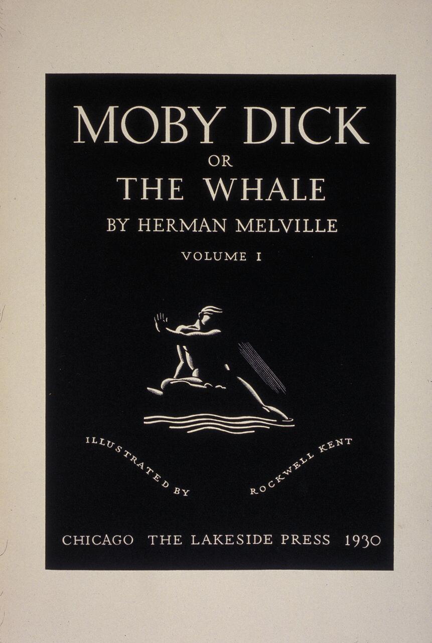 "Cover of Moby Dick, Volume I by Herman Melville, illustrated by Rockwell Kent, showing a stylized figure on a wave, published by The Lakeside Press, Chicago, 1930."