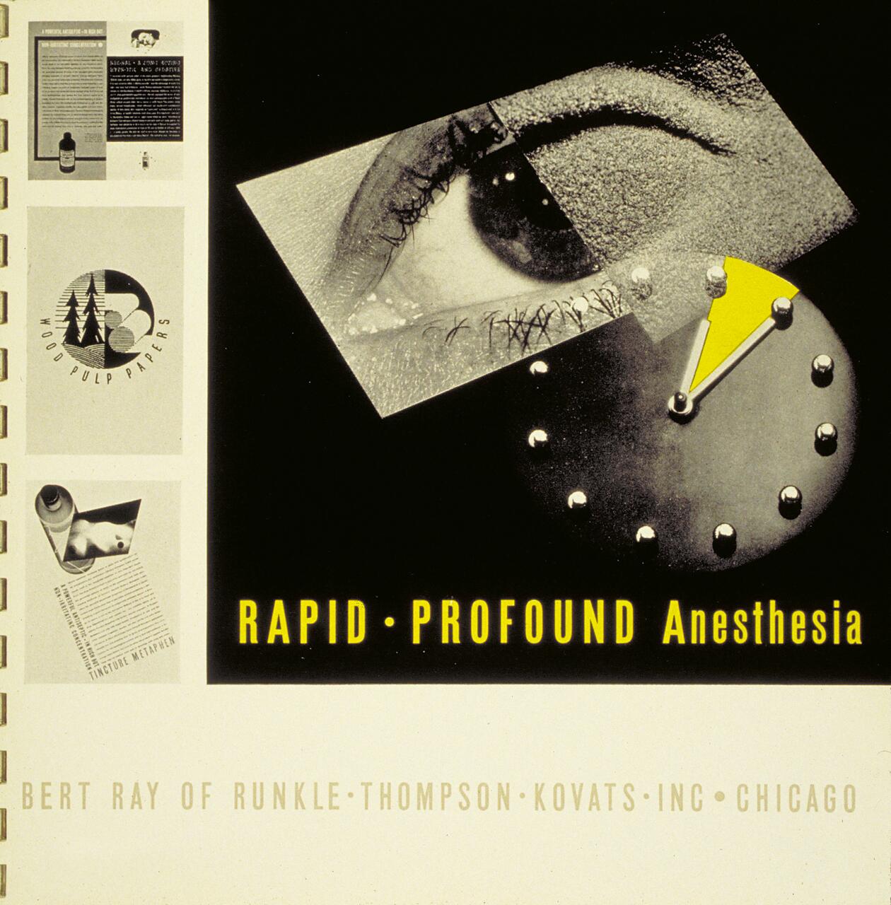 Surreal graphic design with a close-up of an eye and a clock face, featuring a yellow triangle, set against a black background. Text reads "Rapid Profound Anesthesia."