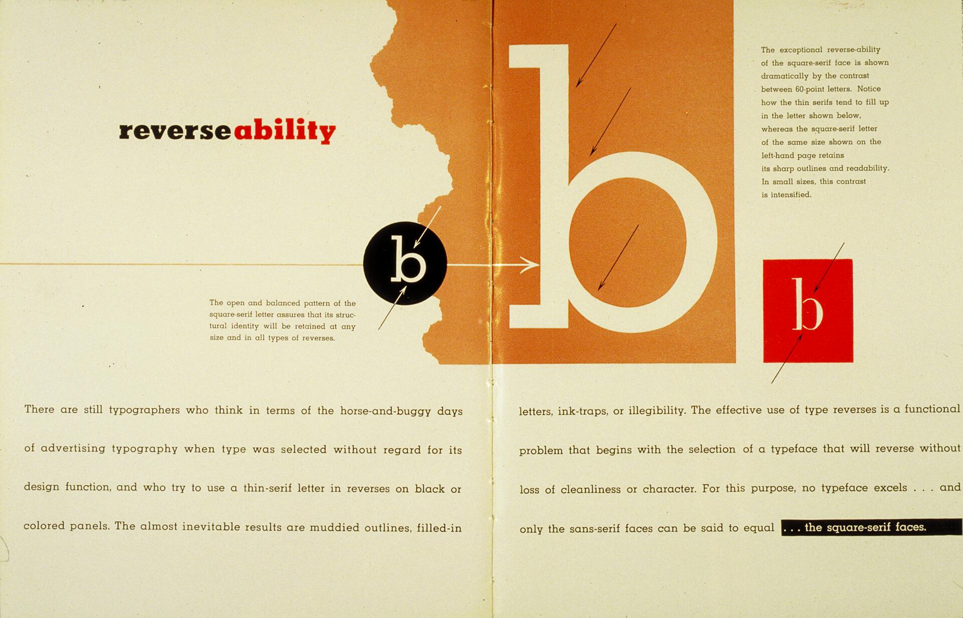 Graphic comparing the reverse-ability of serif and square-serif fonts with a focus on the letter "b." Left side features a black serif 'b' on white, while the right side shows a large white square-serif 'b' on orange. Text explains readability and structure.