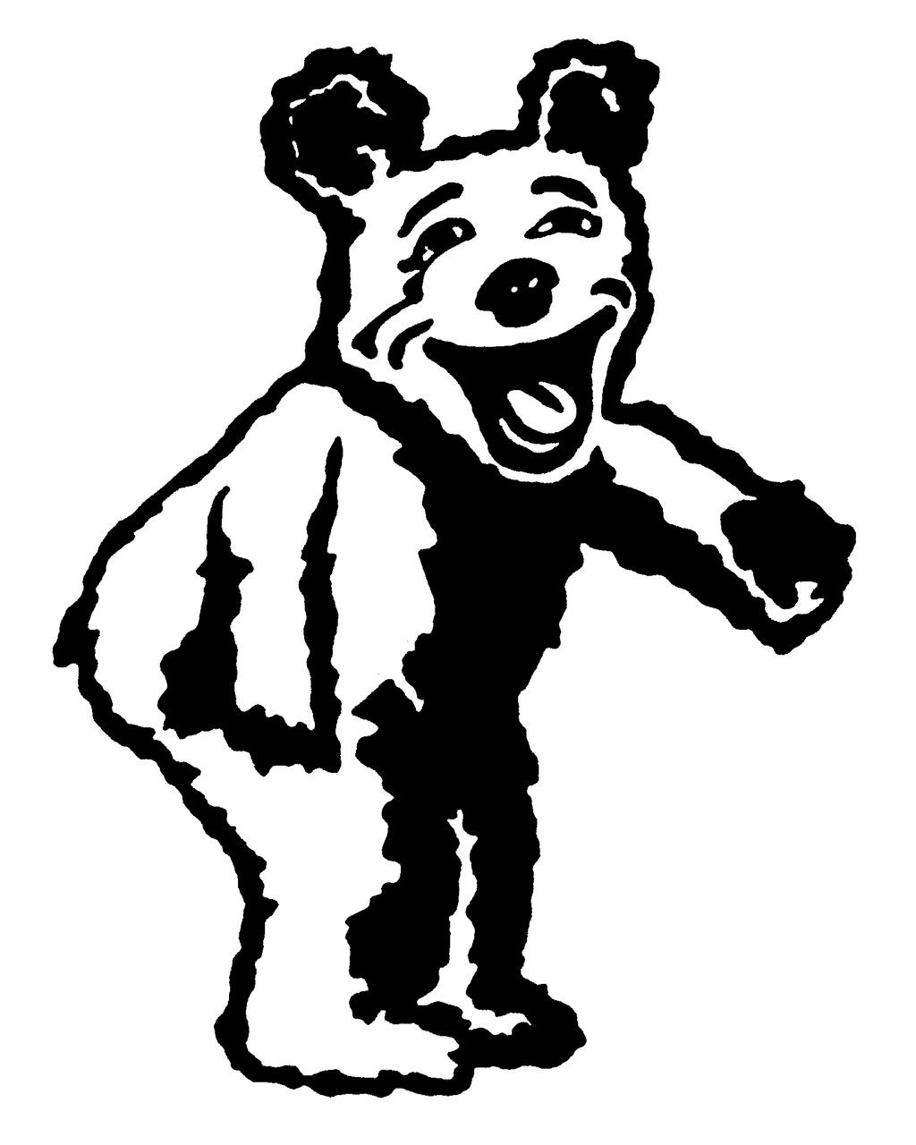 Smiling bear cartoon illustration in black and white, standing upright with an open mouth and friendly expression.