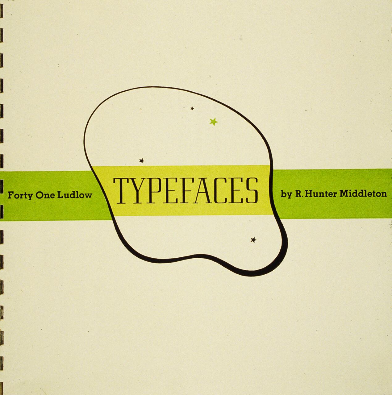 Cover of a booklet titled "TYPEFACES" by R. Hunter Middleton. The design features a green horizontal band with the title, surrounded by a wavy black line and small stars on a beige background.