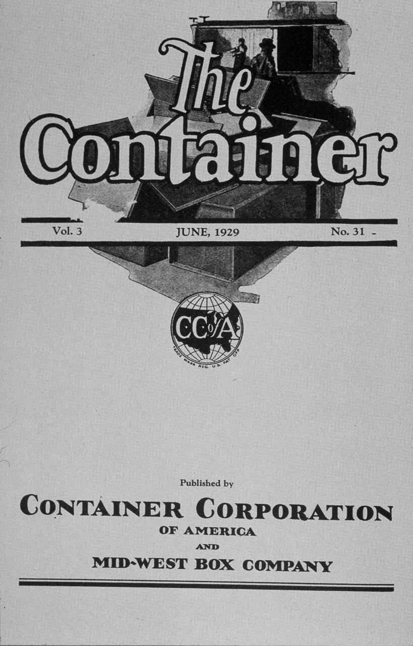 The Container magazine cover, June 1929, Vol. 3, No. 31, featuring a graphic of containers and silhouettes of people. Published by Container Corporation of America and Mid-West Box Company.