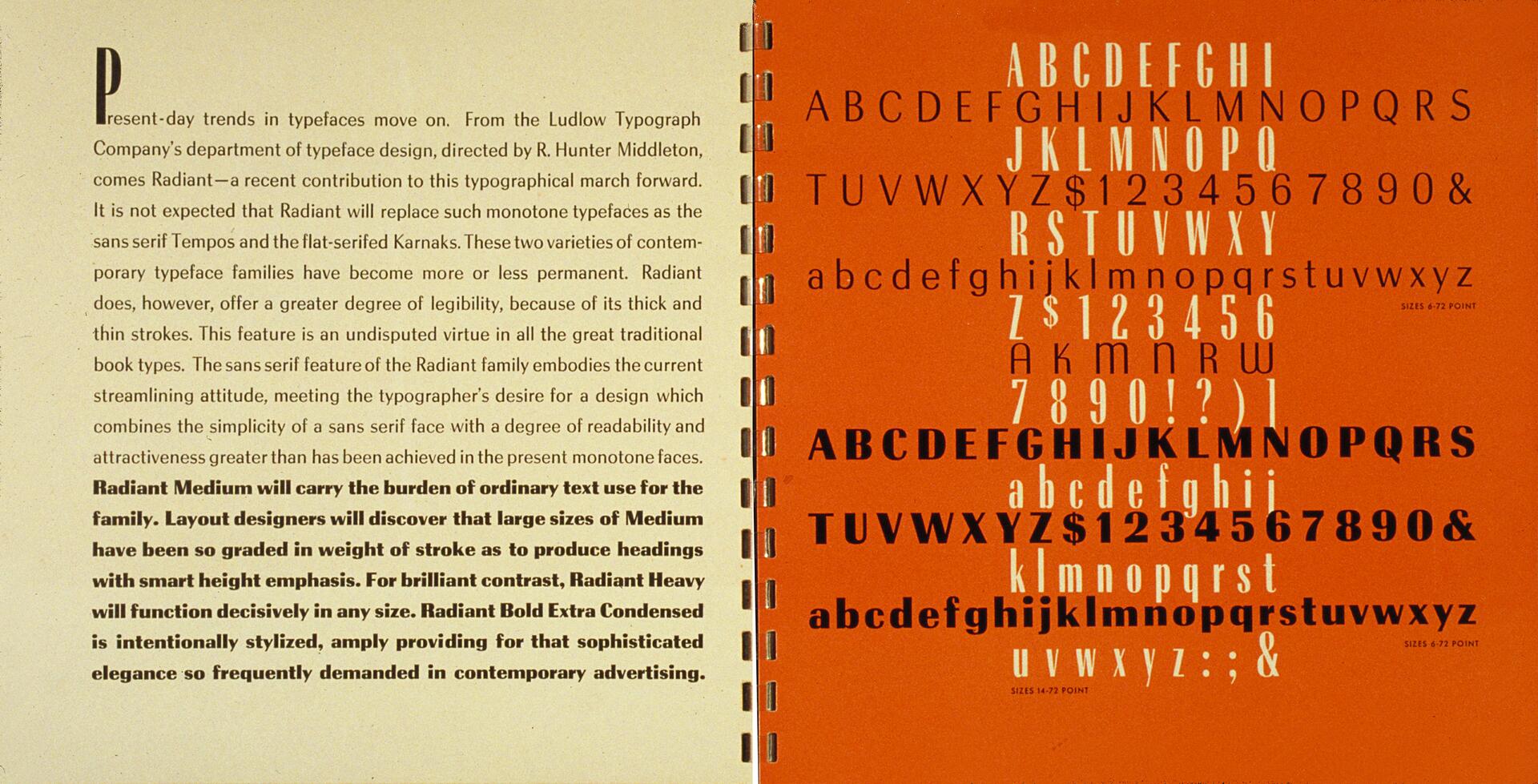 A vintage typography sample showing the Radiant typeface family. The left side has descriptive text on the typeface's features, while the right side displays various styles and sizes of the alphabet, numbers, and symbols on an orange background.