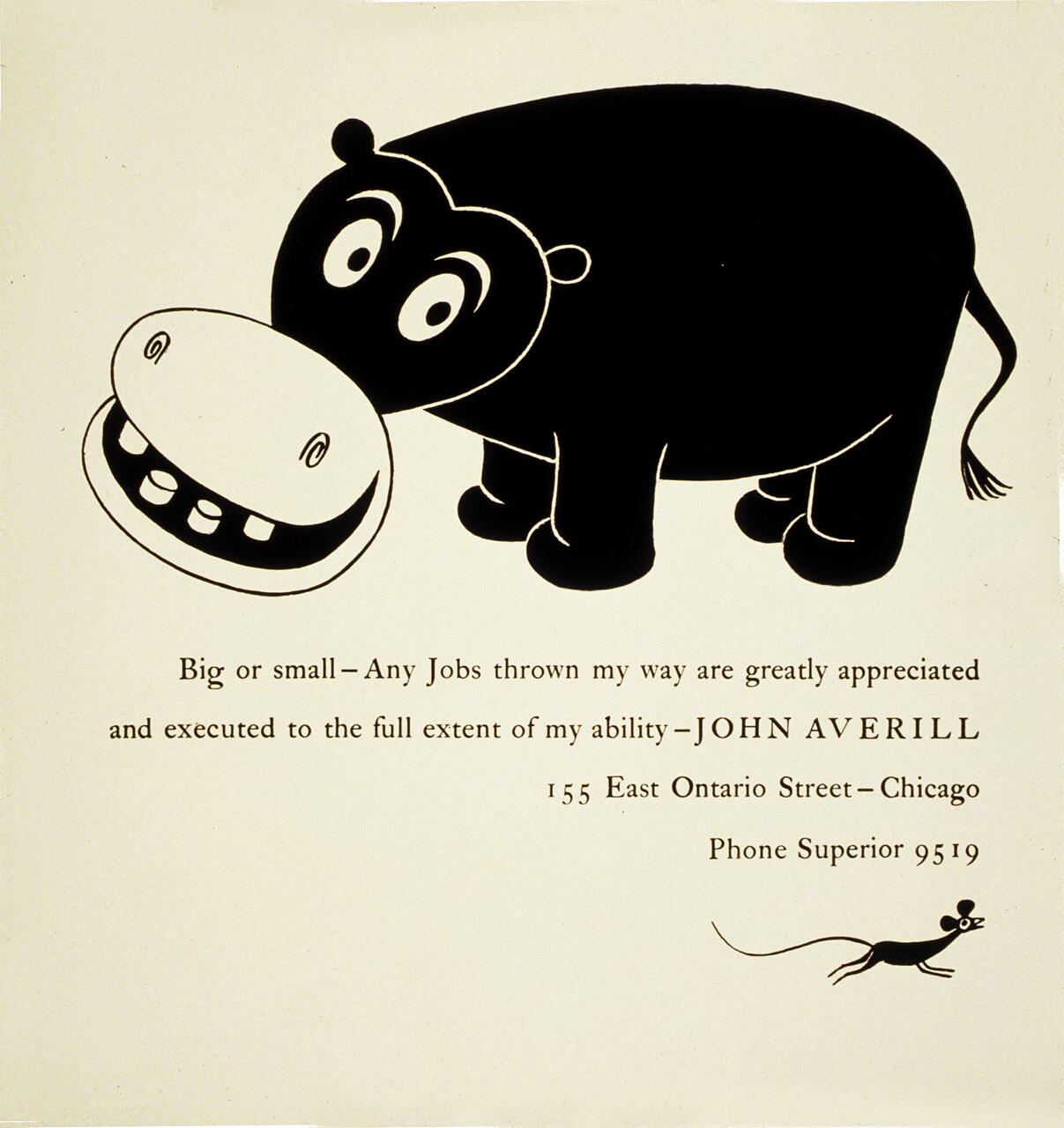 Cartoon hippo and mouse on a beige background with a text slogan promoting services.