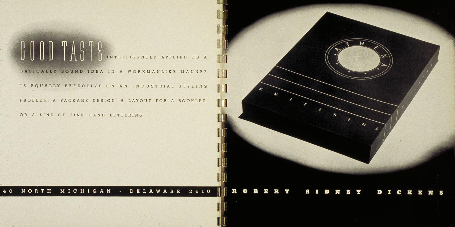 Left page with text about design principles, and right page showing a dark box labeled "Athena Knitskins" with a circular logo, divided by spiral binding.