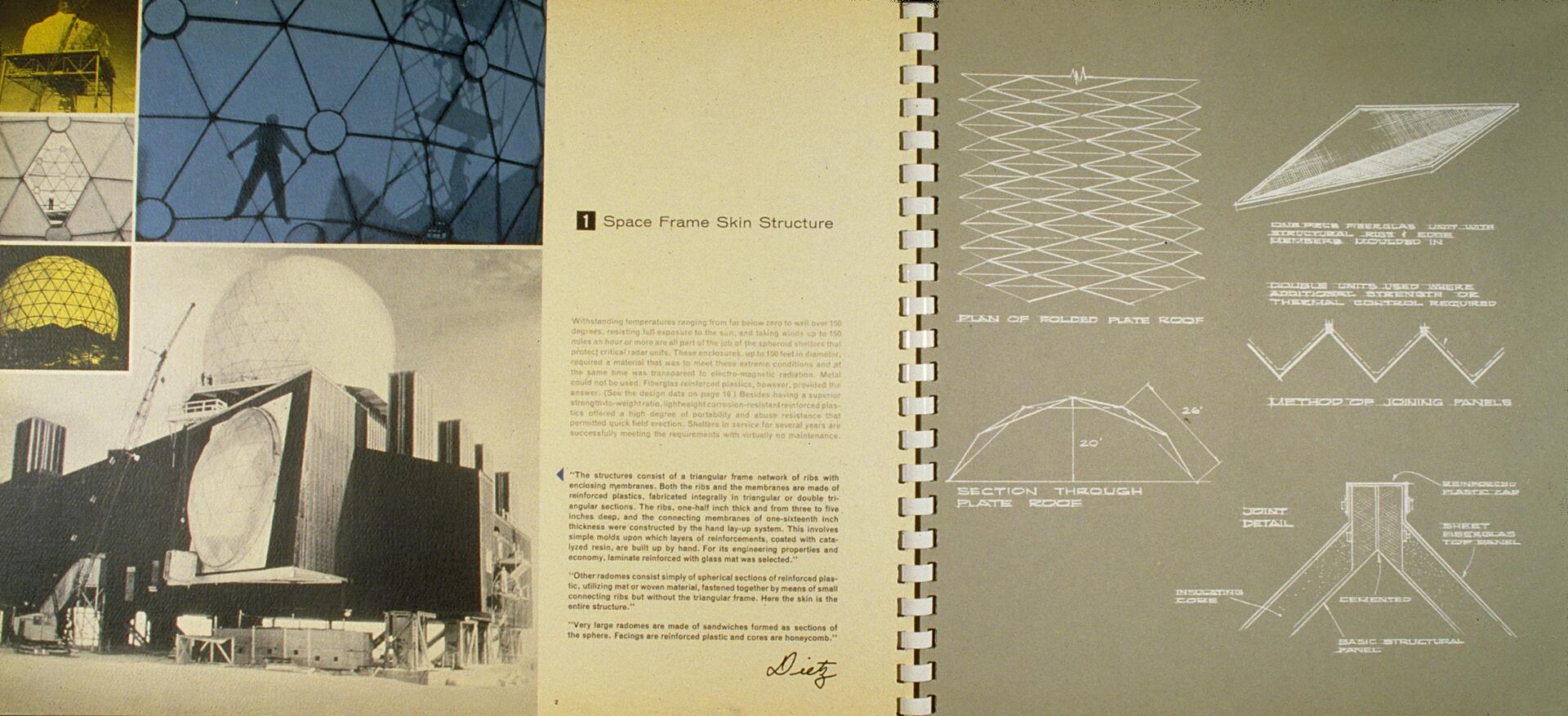 Geodesic dome construction photos on the left, including a worker on a triangular steel frame. A large dome structure on a building with cranes. On the right, architectural schematics for a folded plate roof with diagrams of panel joints.