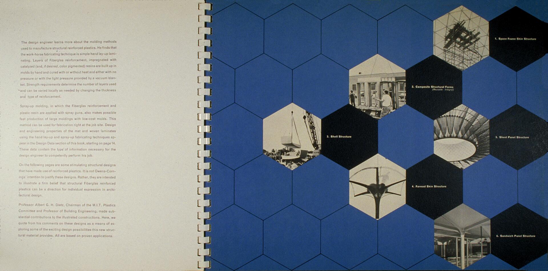 Hexagonal grid design with blue background features black-and-white photographs labeled as various structural forms, including space frame, composite structures, and shell structures. Left side contains text about reinforced plastic structures and engineering methods.
