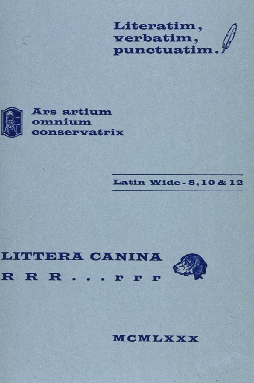 Blue text on a light background featuring Latin phrases, a feather illustration, and a dog head graphic.