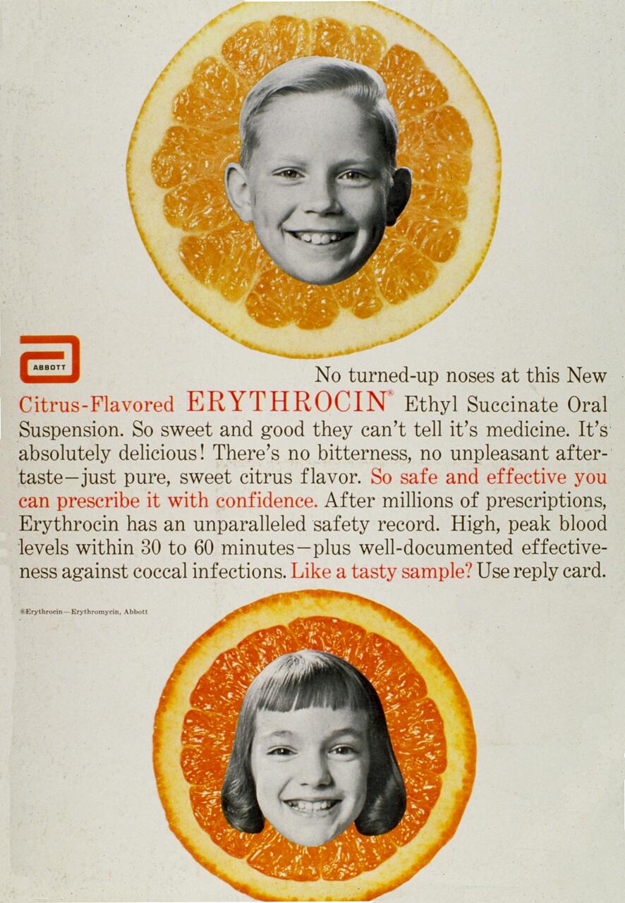 Two children's smiling faces are centered inside halved orange slices. The background features text promoting a citrus-flavored erythromycin oral suspension, emphasizing its pleasant taste and effectiveness. Abbott logo is visible.