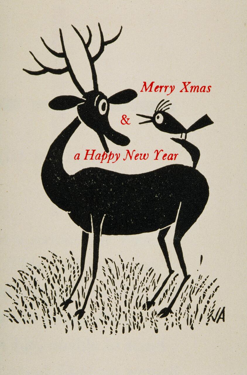 A black and white illustration of a deer with antlers and a small bird perched on its back, standing on grass. Red text wishes "Merry Xmas & a Happy New Year."