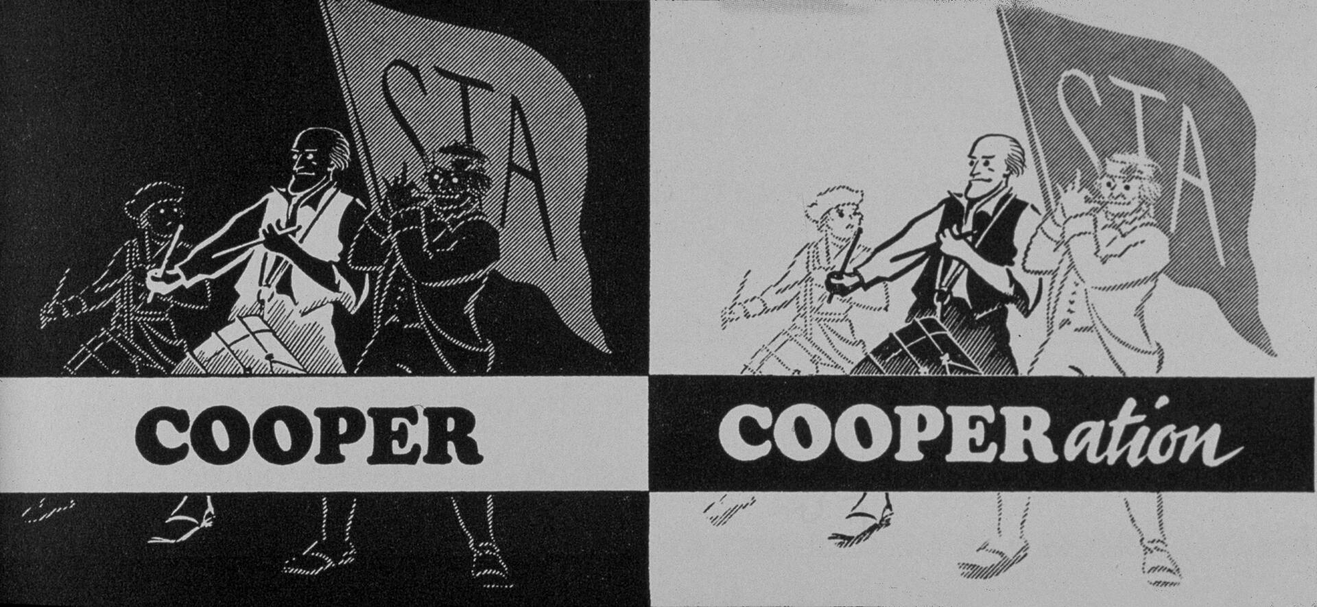 Split graphic of three men marching, one drumming, with flags in the background. Left side dark with "COOPER" in black, right side light with "COOPERATION" in black and white.