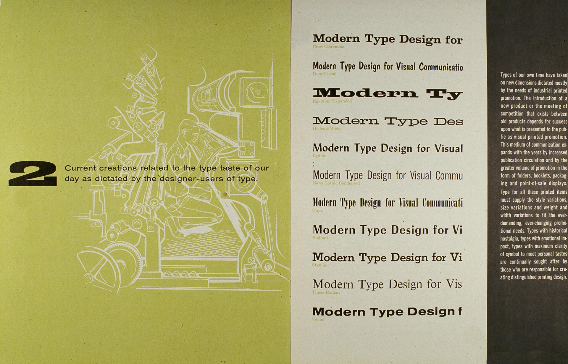 Vintage typography page displaying the number "2" alongside an intricate machinery illustration. Right side features various fonts listing "Modern Type Design for Visual Communication" in different styles. Background in soft olive green, text in black and white.