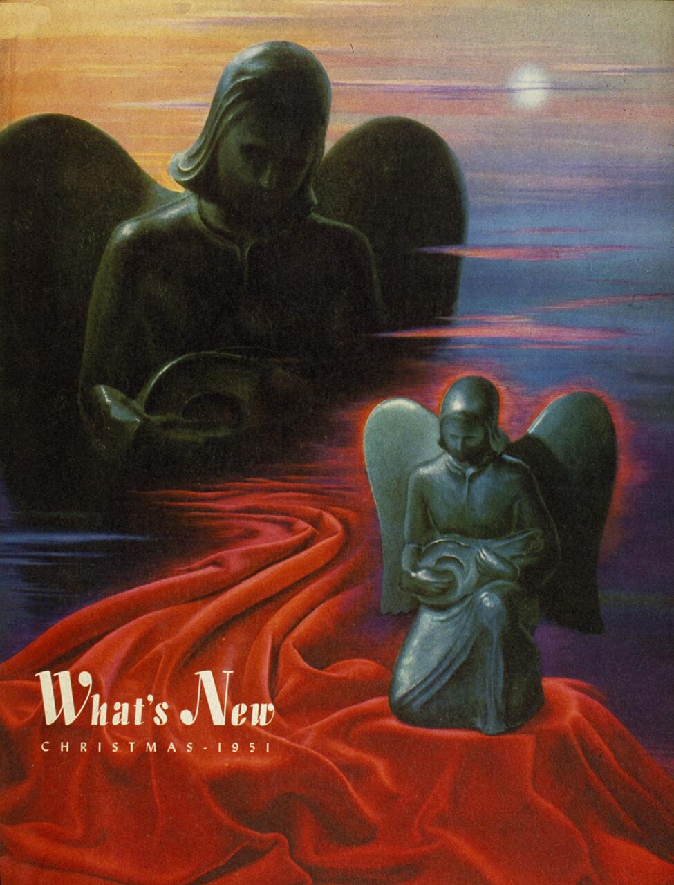 A serene scene with two angel statues, one large and shadowed in the background, the other smaller and lit in the foreground, both holding an instrument. A flowing red cloth spreads across a purple and blue background with a soft sunset glow.