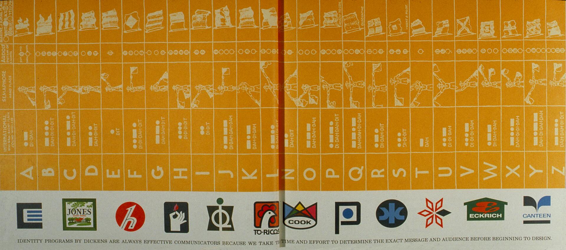 Chart featuring semaphore and Morse code for the alphabet on an orange background. Below are a series of colorful logos, including a chicken, a flame, and geometric shapes.