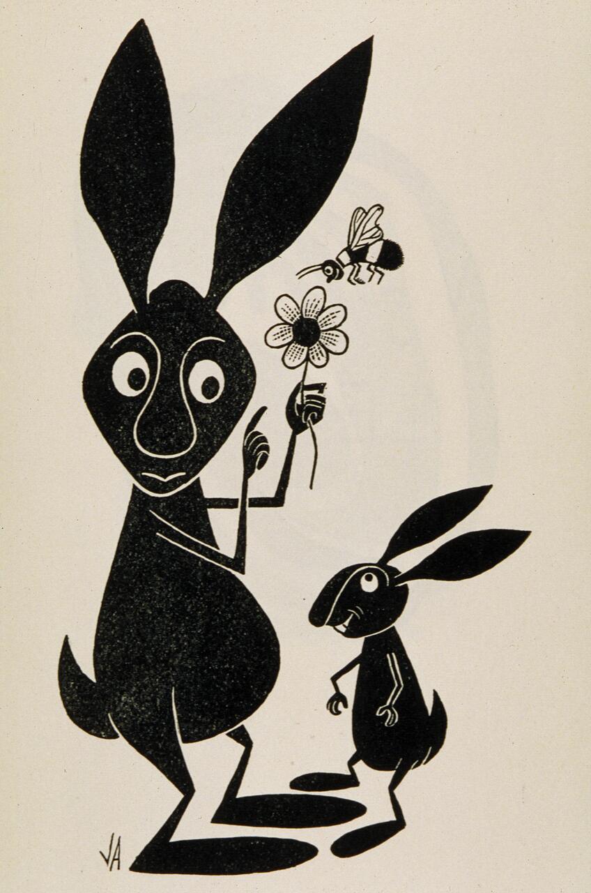 Two cartoon rabbits, one large and one small, looking up at a flower held by the larger rabbit. A bee hovers near the flower. The illustration is in black and white, with an abstract style.