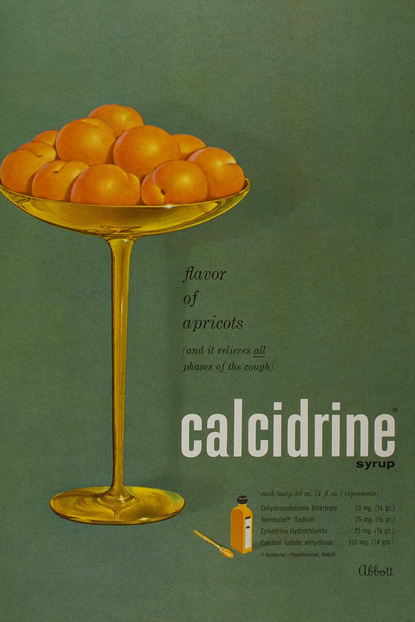 Apricots in a tall glass bowl against a muted green background with text about Calcidirine syrup at the bottom right.