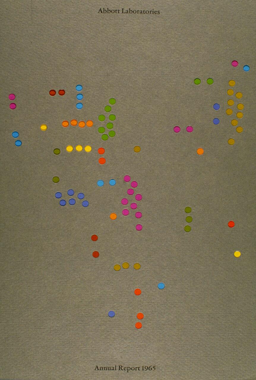 Colorful dots arranged abstractly on a textured gray background.