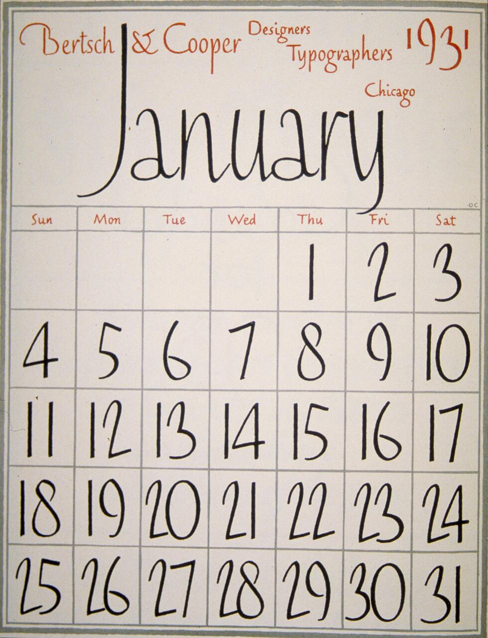 January 1931 calendar page with stylized handwritten dates and typography by Bertsch & Cooper, showing days in a grid format.