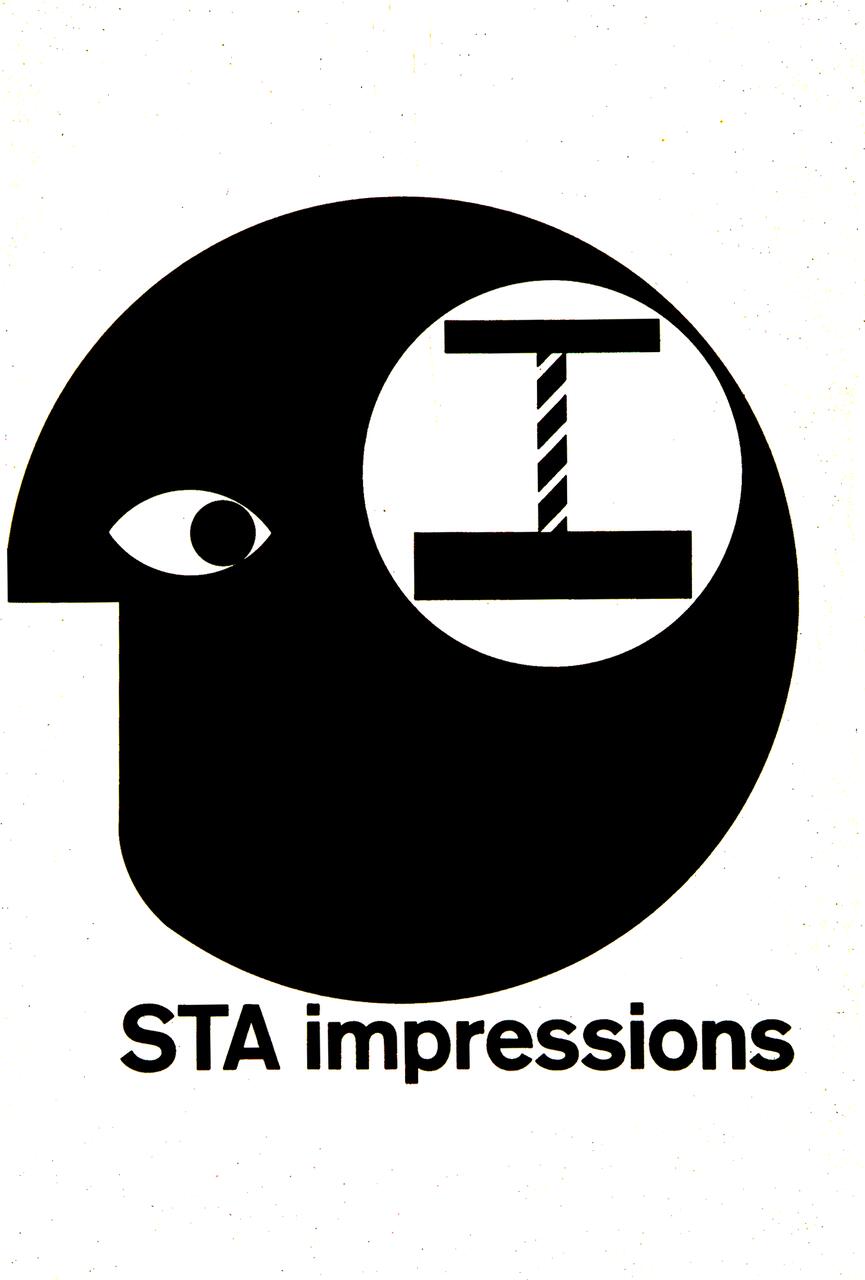 A black and white graphic logo of a stylized face profile with one eye and a circular cutout featuring an I-beam shape inside. Text below reads "STA impressions."