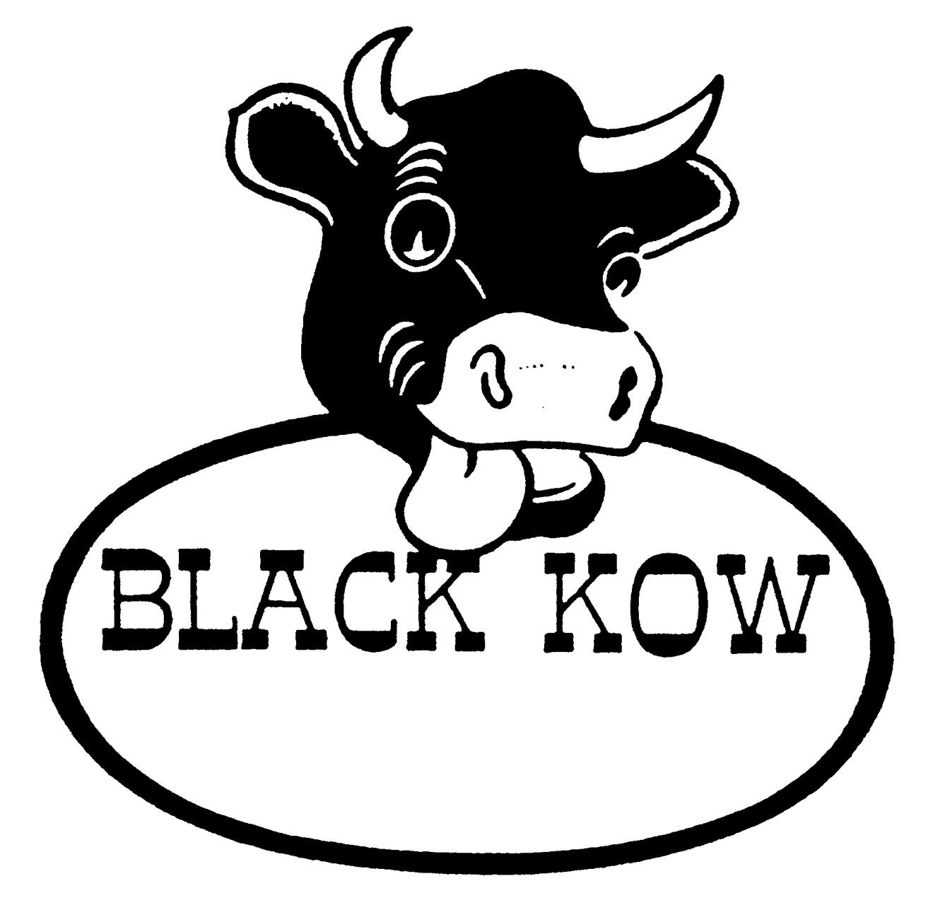 Black and white graphic of a cow's head with a wide grin above an oval containing the text "BLACK KOW."