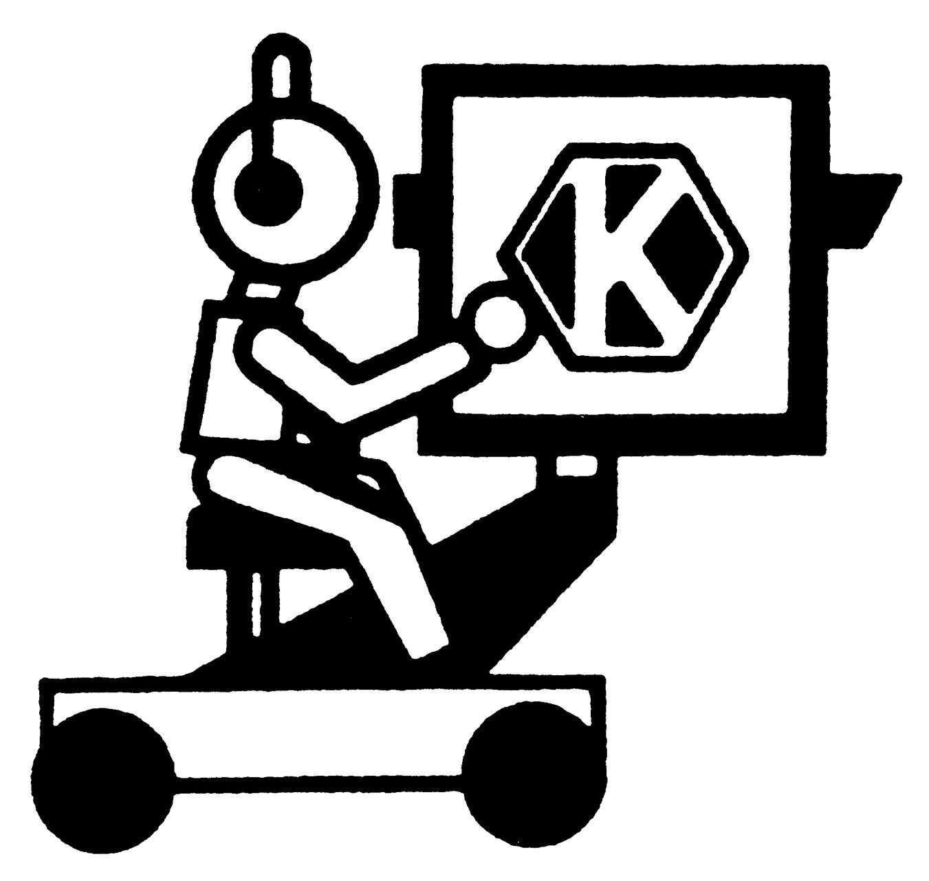 Robot operating a machine with a hexagonal "K" symbol on the screen, graphic style.