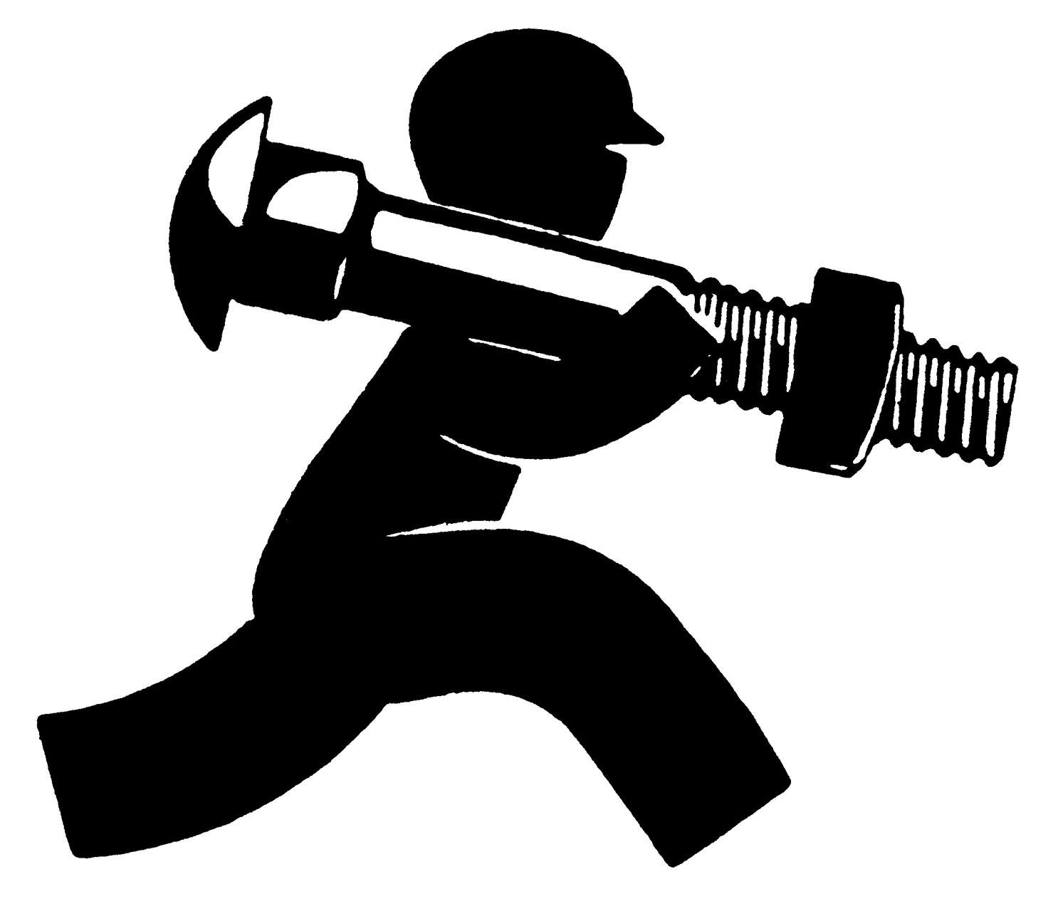 Silhouette of a person running, carrying a large bolt.