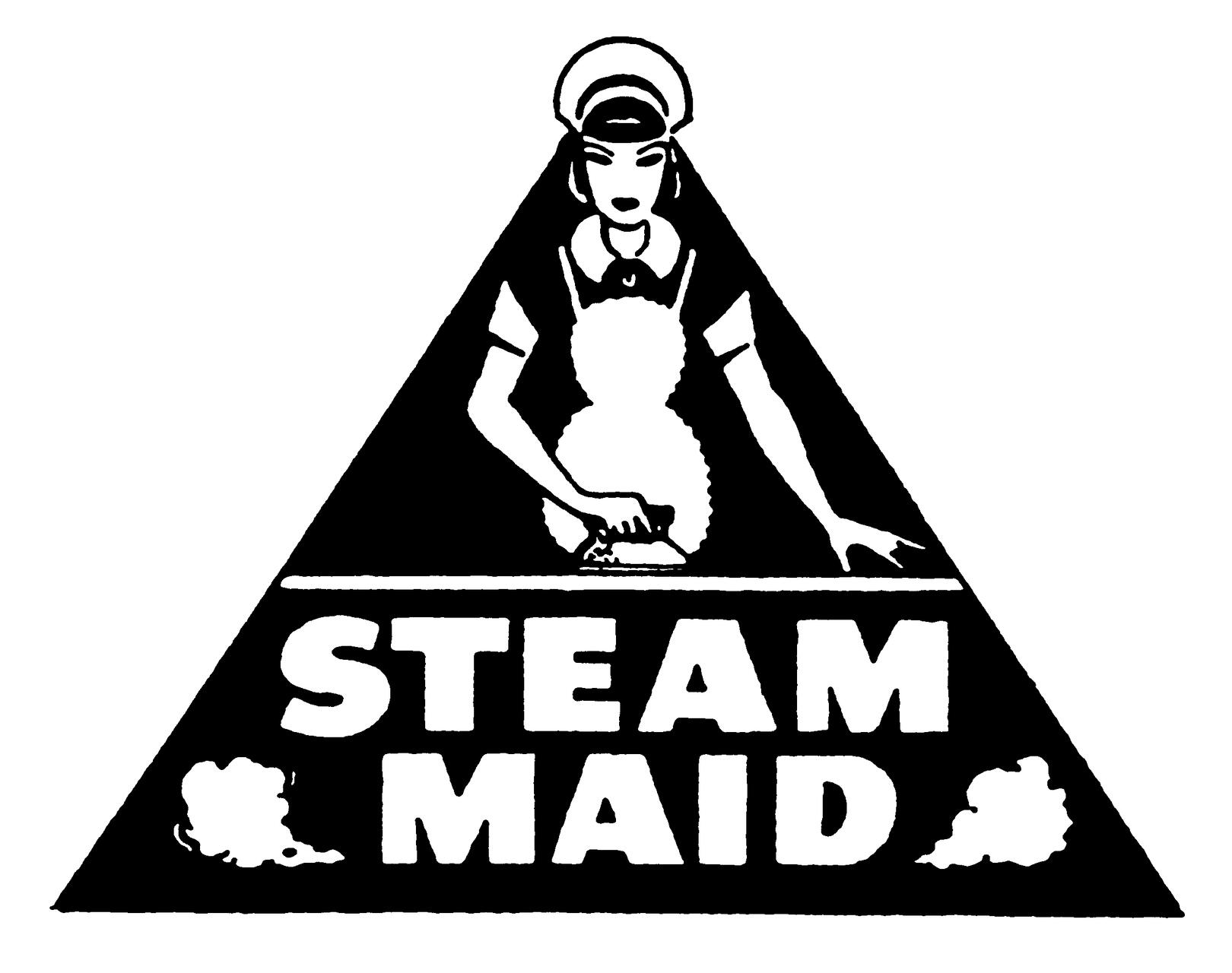 Black and white logo of a maid in a triangular shape, ironing with steam at the bottom. The text reads "Steam Maid," framed by steam clouds.
