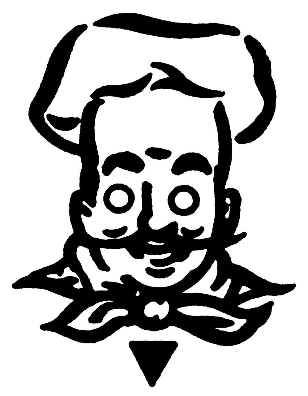 Stylized black and white drawing of a chef with a mustache, wearing a tall hat and neckerchief.