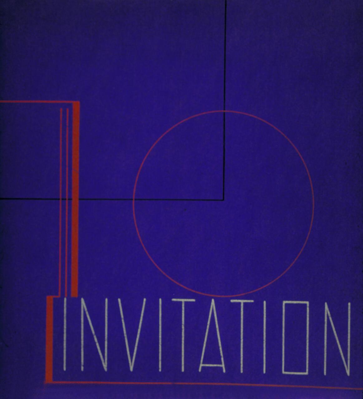 Blue graphic design with red geometric lines and the word "INVITATION" in large, thin, white letters.