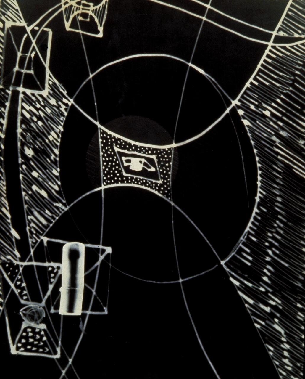 Abstract graphic with white geometric lines and shapes on a black background, including circles, rectangles, and diagonal lines.