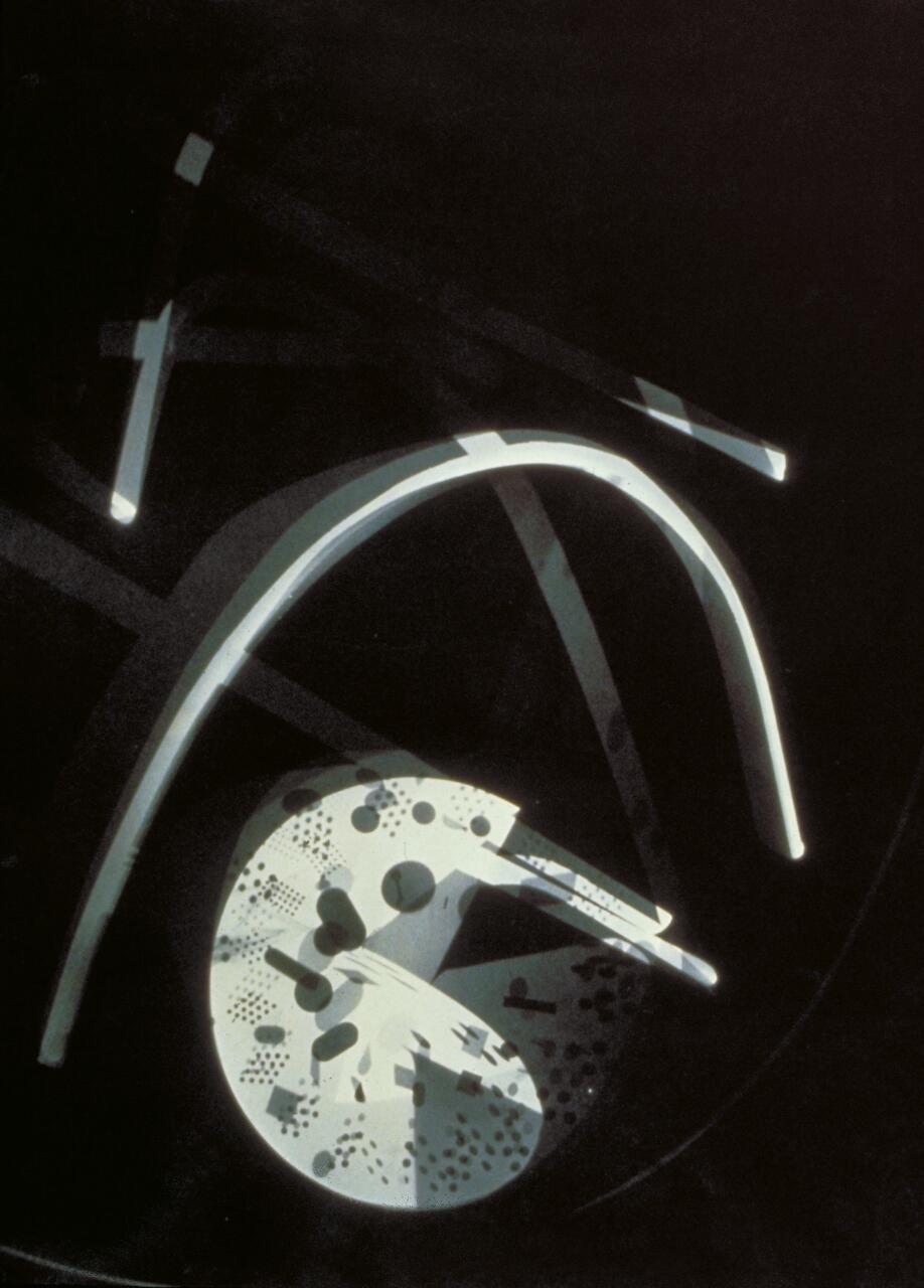 Abstract design with white curved and straight lines on a dark background, featuring a circular pattern of dots and shapes at the center.