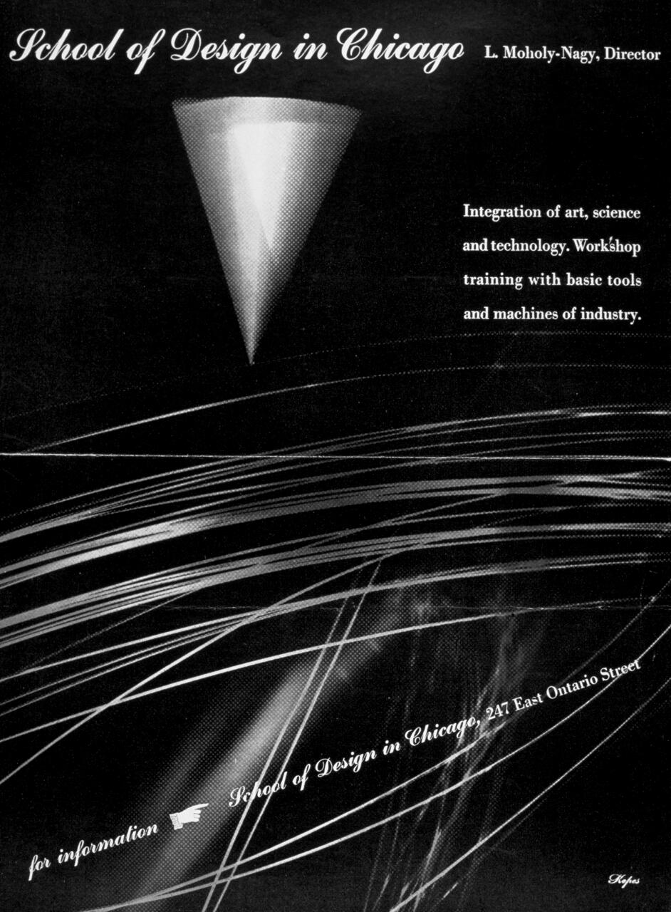 Abstract black-and-white graphic featuring a cone shape and dynamic intersecting lines, with text about the School of Design in Chicago.