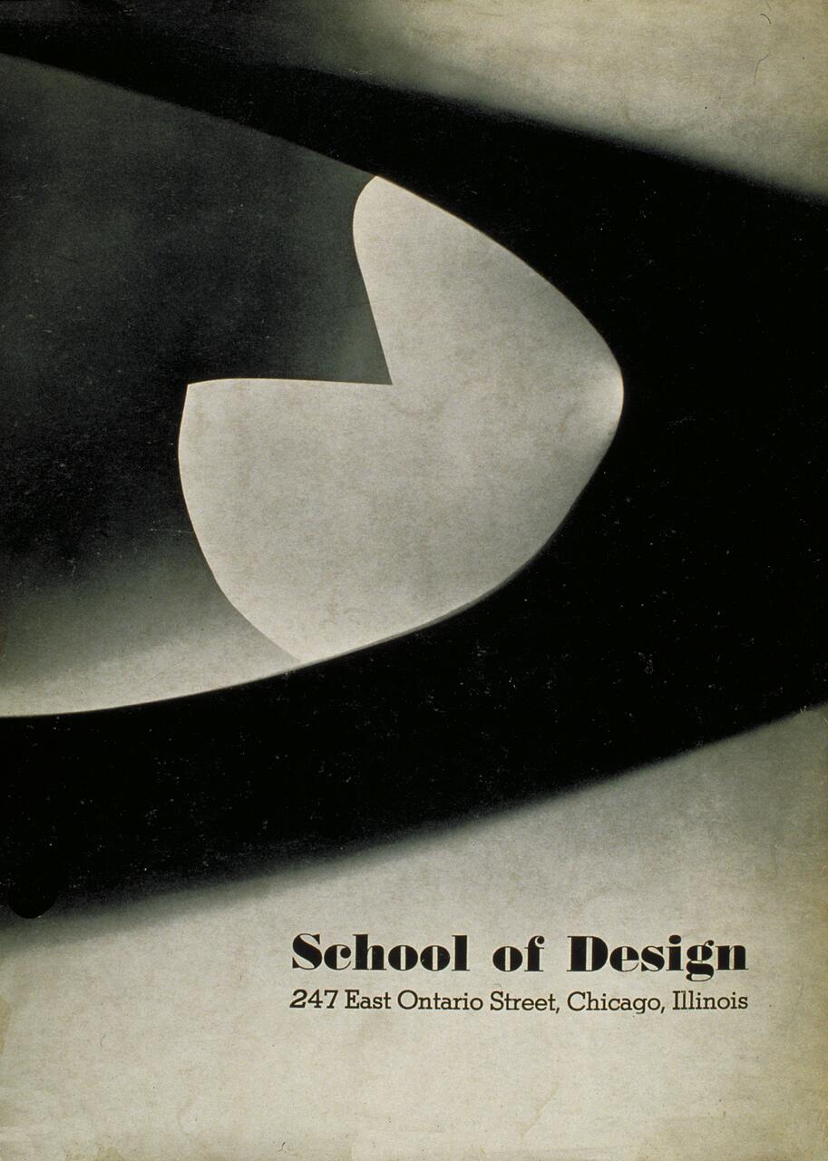 Abstract design with overlapping curved shapes in grayscale tones, featuring bold text at the bottom that reads "School of Design, 247 East Ontario Street, Chicago, Illinois."