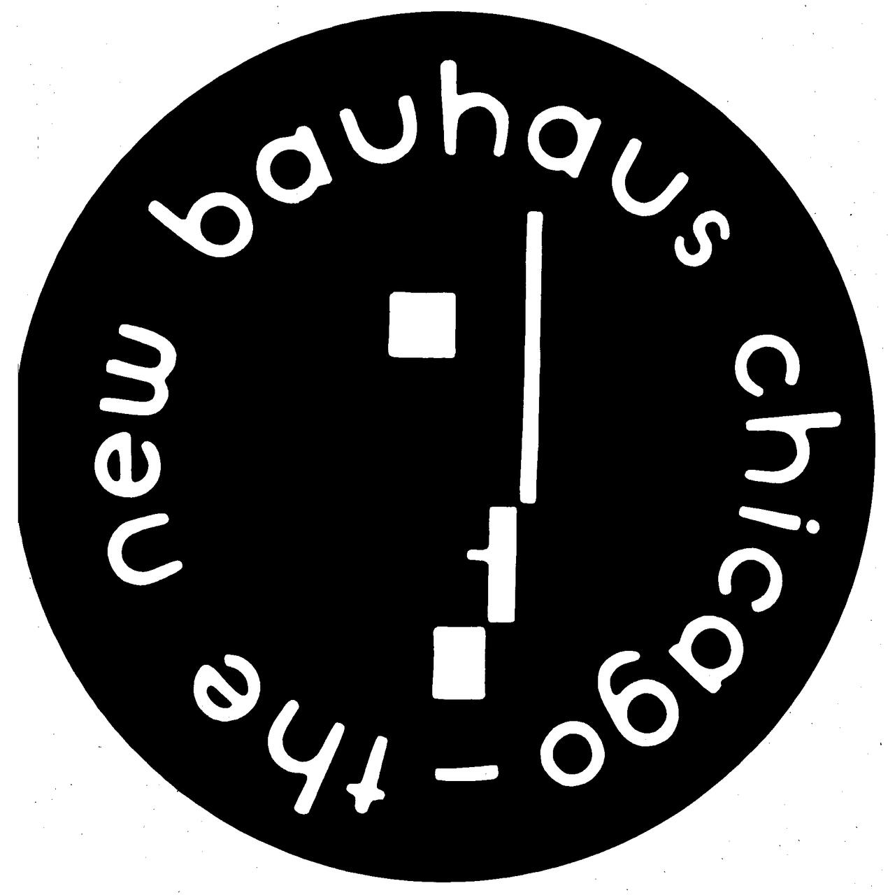 Logo featuring "the new bauhaus" and "chicago" in a circular layout around abstract geometric shapes on a black background.