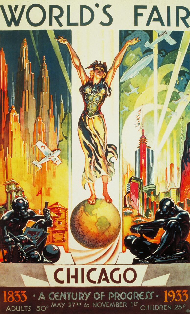 Art Deco poster for the 1933 Chicago World's Fair, titled "A Century of Progress." Features a stylized figure in a flowing dress standing on a globe, with futuristic cityscapes, airplanes, and zeppelins in the background.