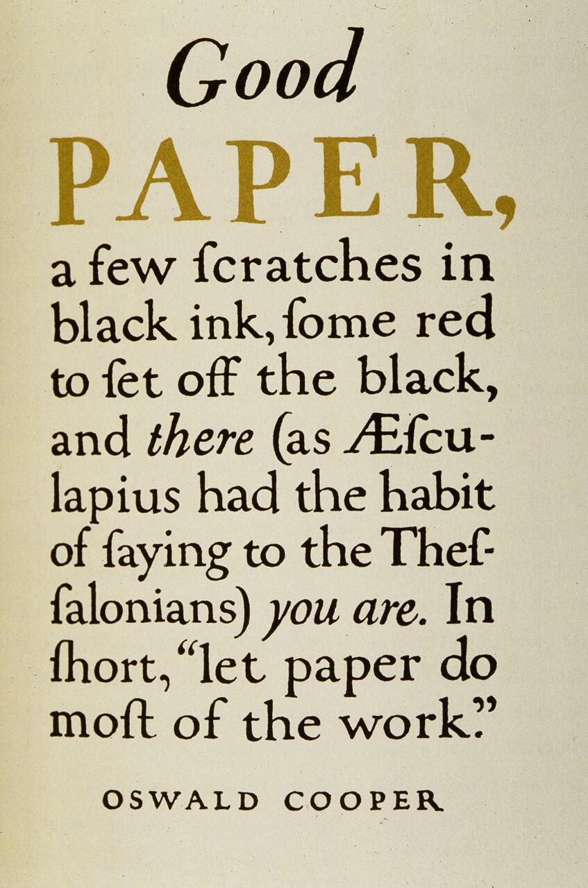 Text excerpt from Oswald Cooper discussing paper quality and printing, highlighting the use of black and red ink.