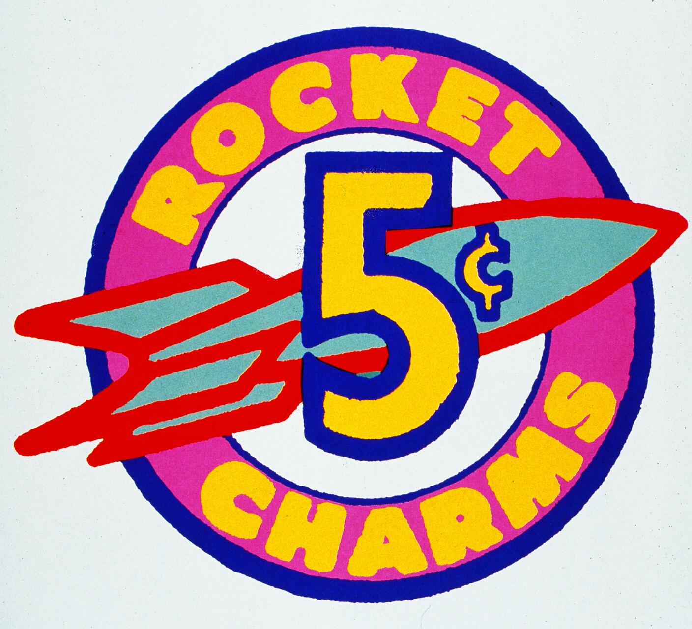 Colorful graphic logo featuring a rocket with the text "5¢ Rocket Charms" in bold, vibrant letters. The design uses bright colors like pink, yellow, and red.