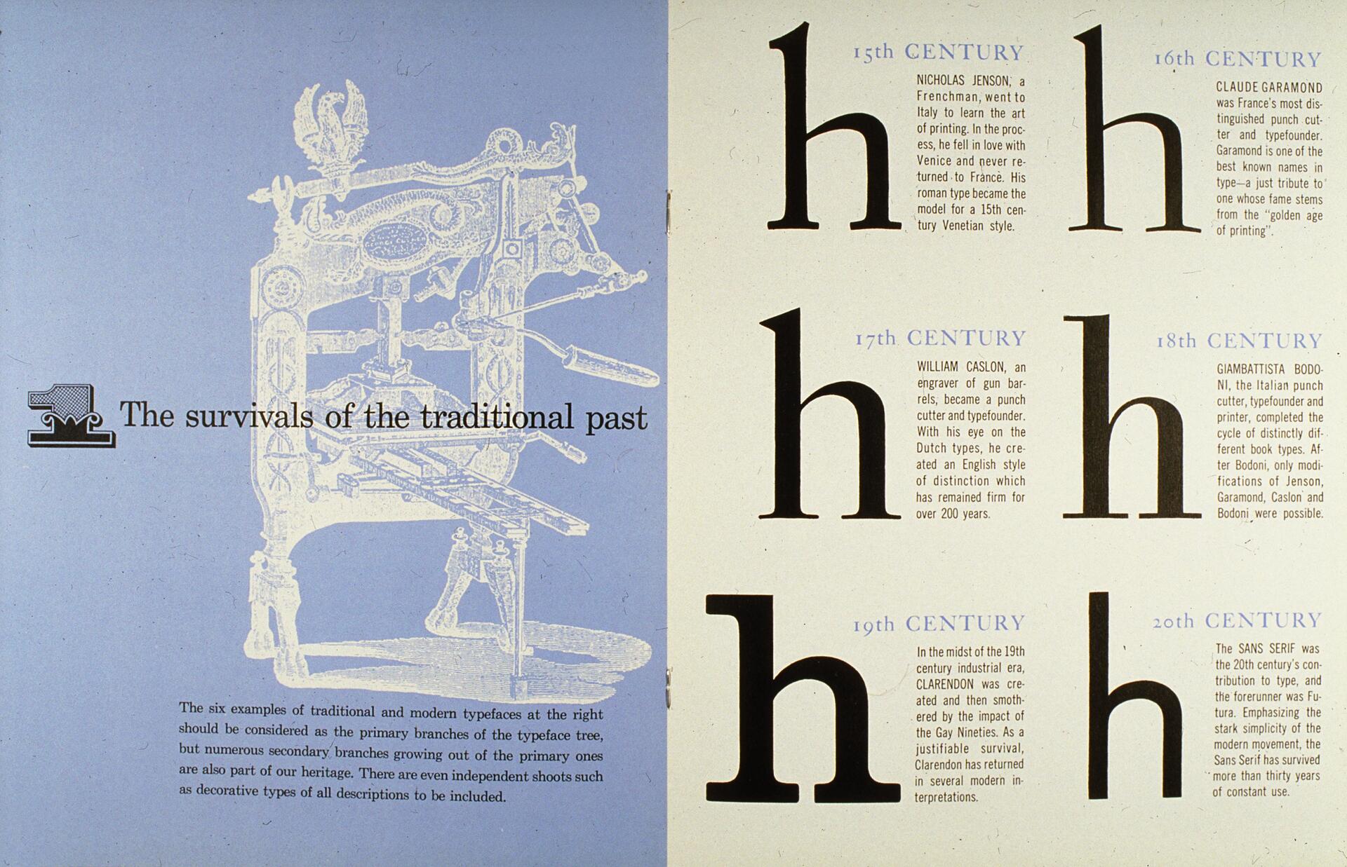 A two-page graphic featuring a white antique printing press illustration on a blue background with the text "The survivals of the traditional past" on the left. On the right, large "h" letters showcasing different typefaces from the 15th to 20th century with brief historical context.