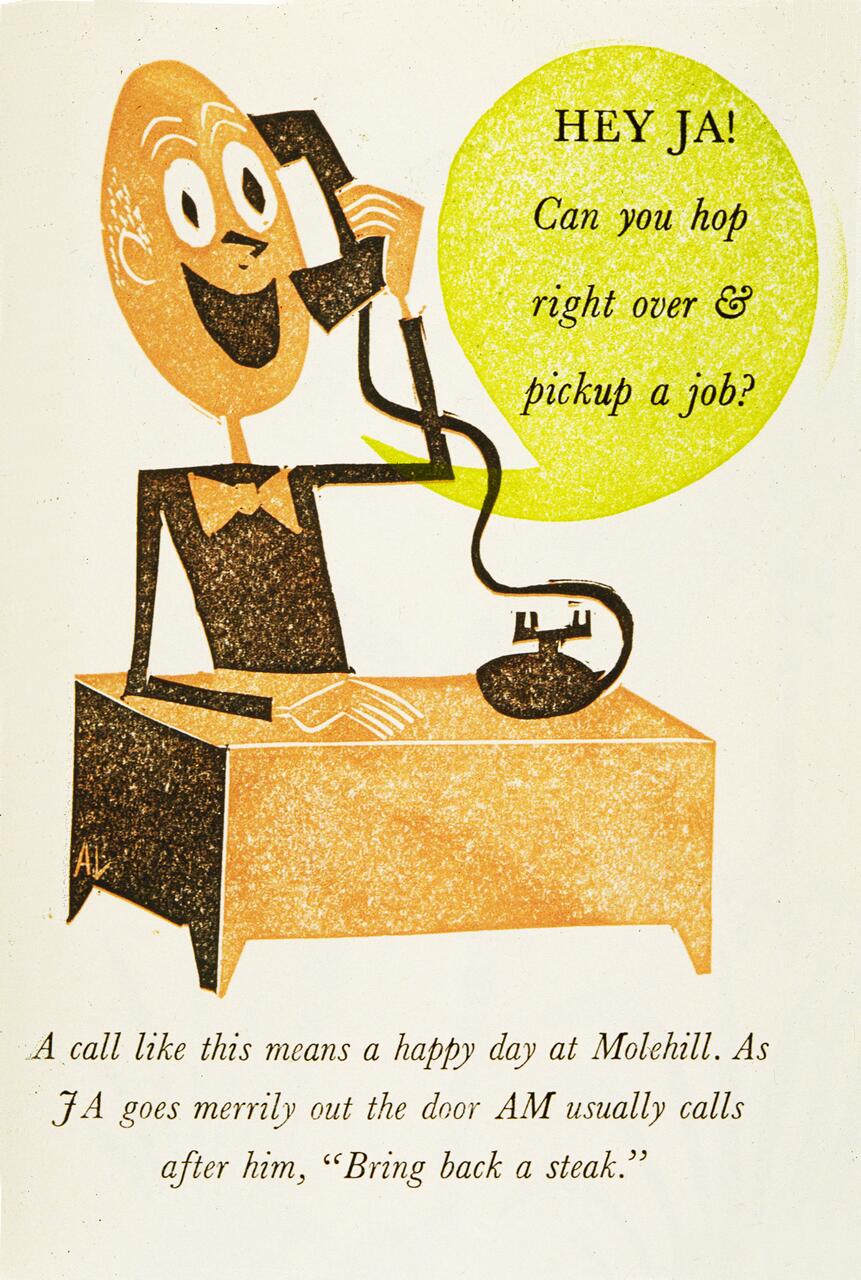 A cartoon of a smiling man at a desk, speaking on an old-fashioned telephone, with a green speech bubble above him. Text below describes a joyful day at Molehill, mentioning tasks and asking for a steak.