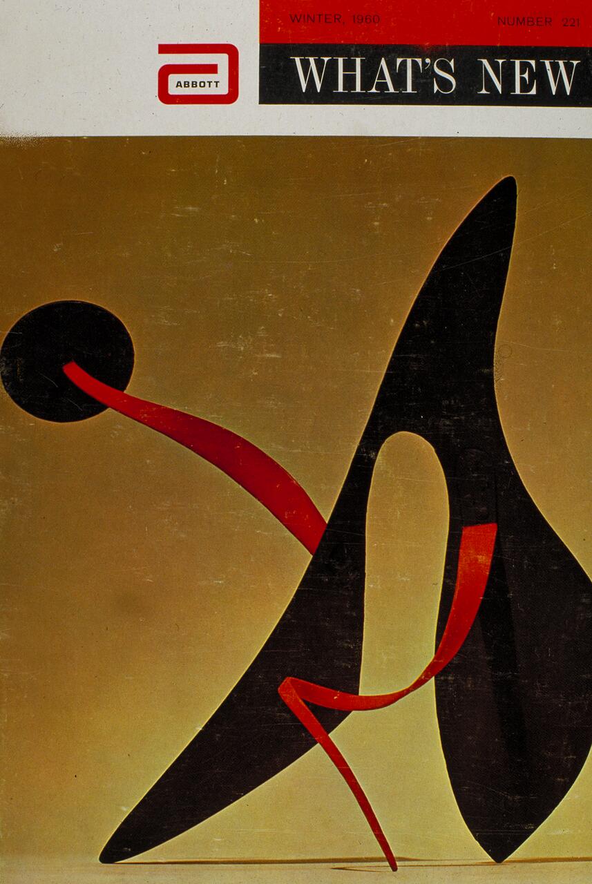 Abstract artwork with black and red curving shapes, set against a beige background. Upper section features a red and black graphic design with text.