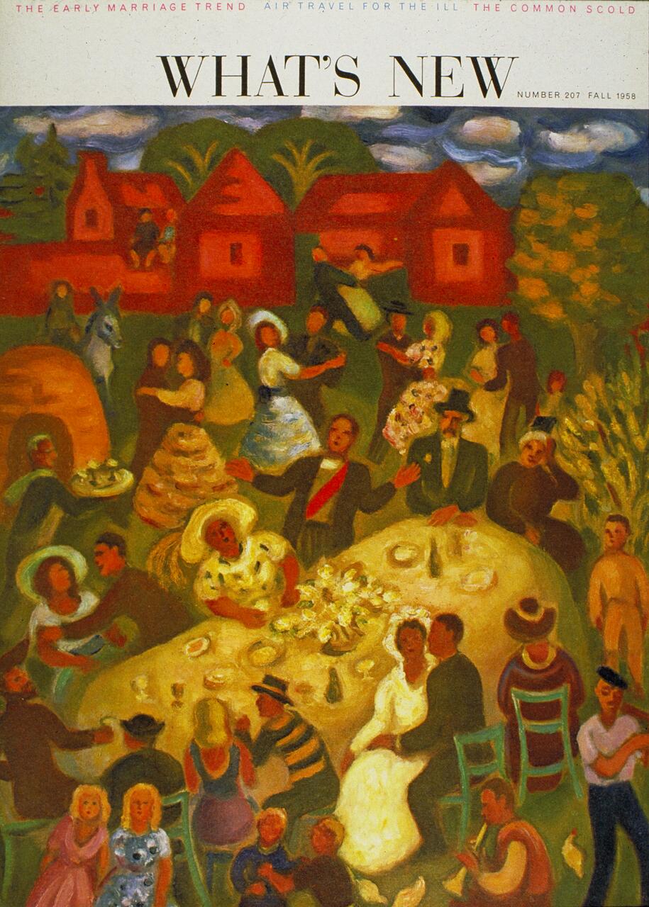 Colorful painting of a lively outdoor wedding celebration. Guests are gathered around a large banquet table, dancing and socializing. Red-roofed houses and trees are in the background. The scene is joyful and festive, with vibrant colors and dynamic movement.